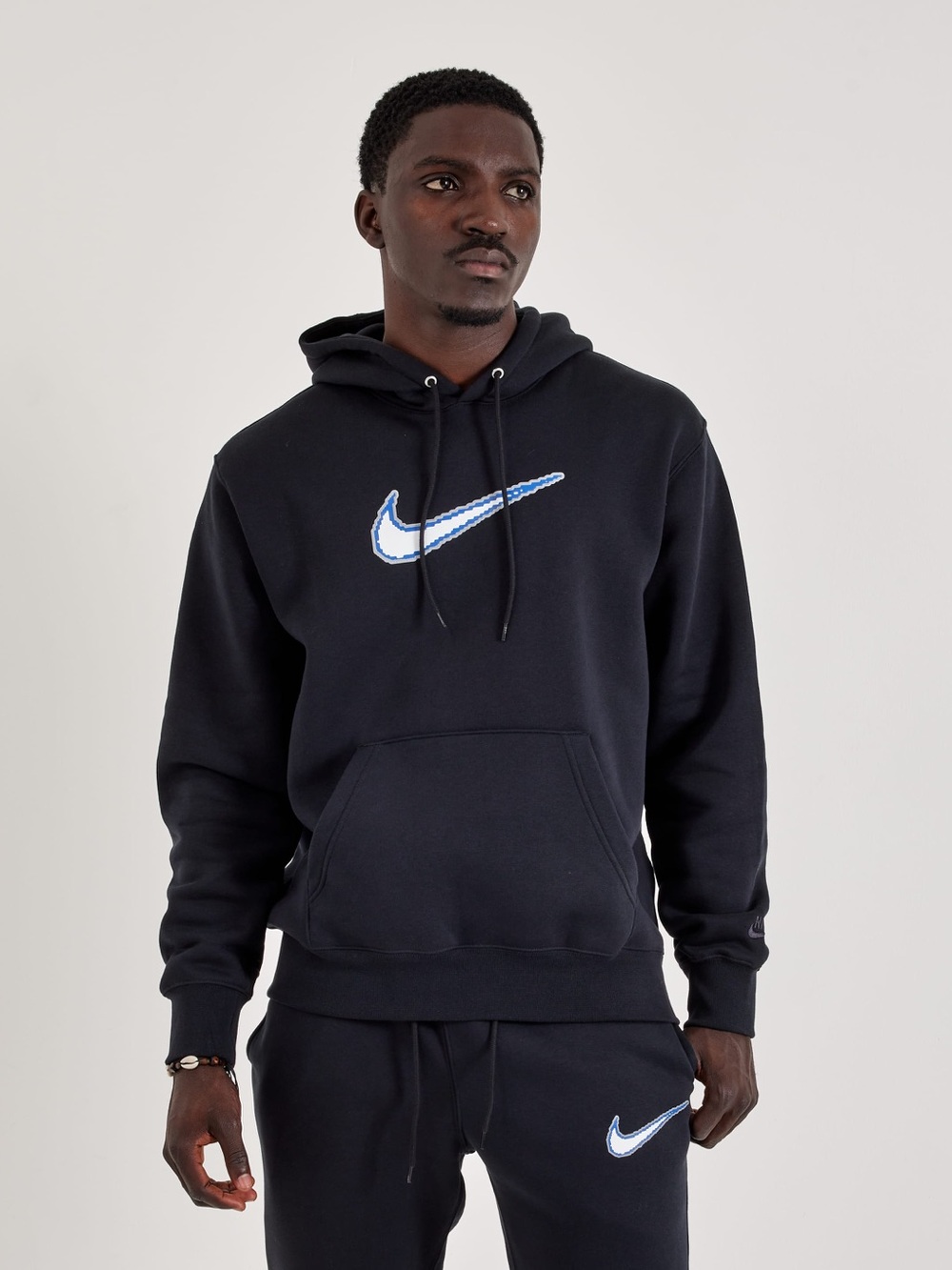 Nike Sportswear Club Black Hoodie Blue and White Swoosh New Size Medium Men